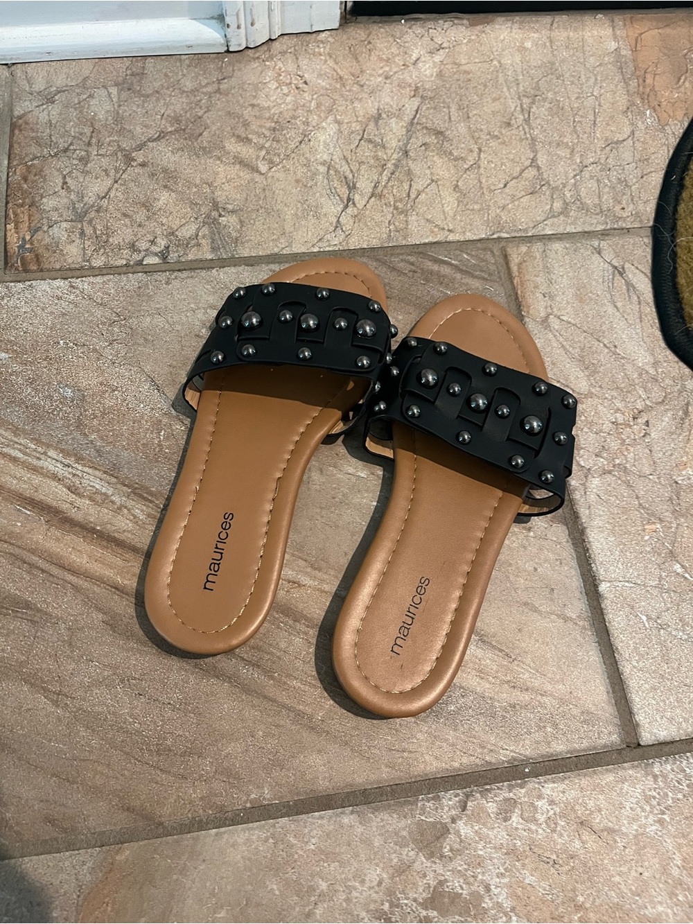 Maurices Black Studded Slide Sandals with Tan Footbed